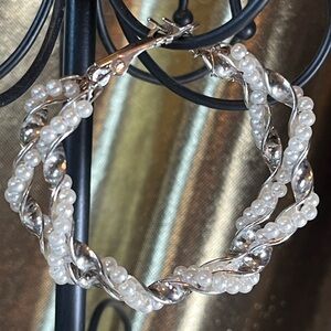 Silver and White Twisted Pearl Looped Earrings